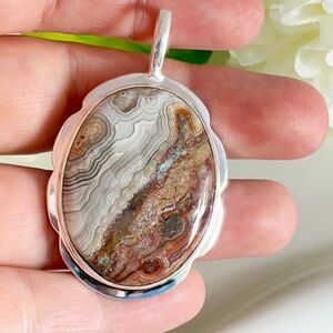 Mexican Laguna Lace Agate Pendant Sterling Silver 925 Overlay Handmade New